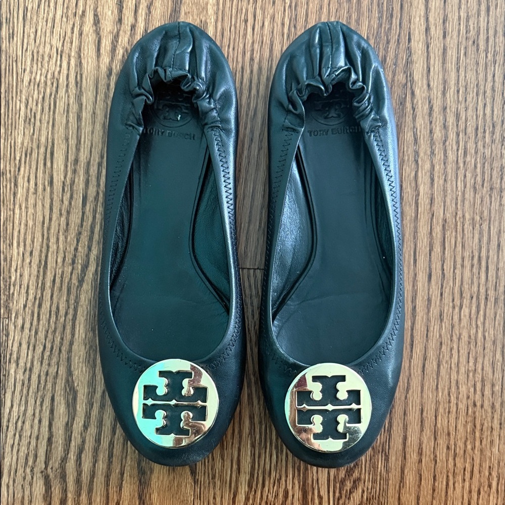 Tory Burch Black Flats with Gold Logo